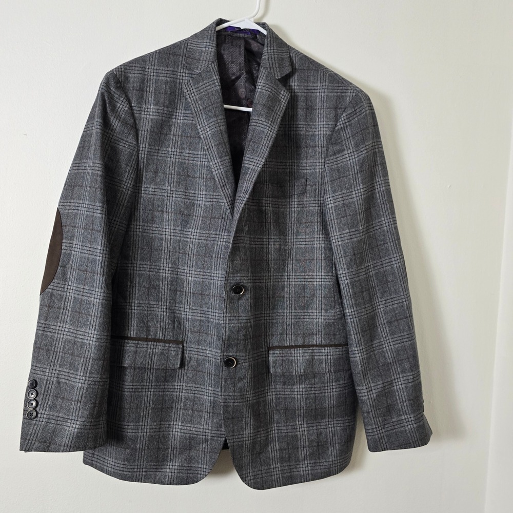 Tallia Suit Jacket Blazer Mens Medium Gray Plaid Elbow Patches